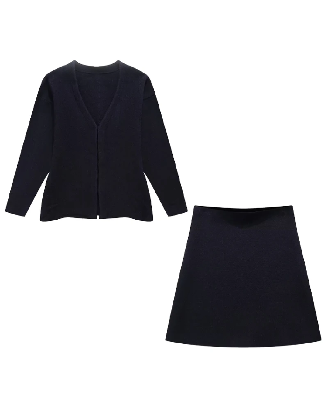 V-Neck Cardigan and High Waist Mini Skirts Black Suit M