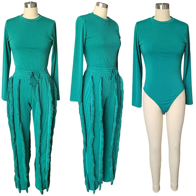Long Sleeve Bodysuit Top and Tassel Pants Outfit