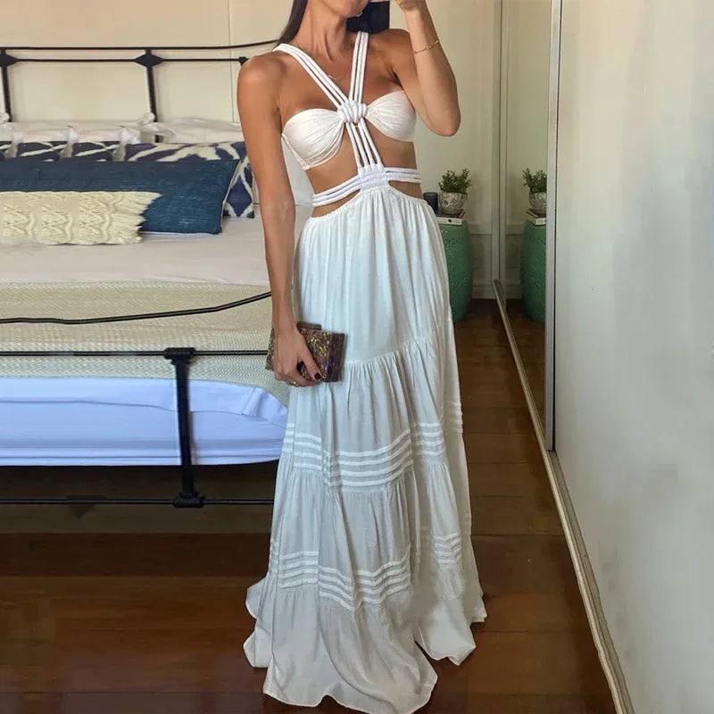 Sleeveless Lace-Up Solid Color Pleated Beach Party Dress