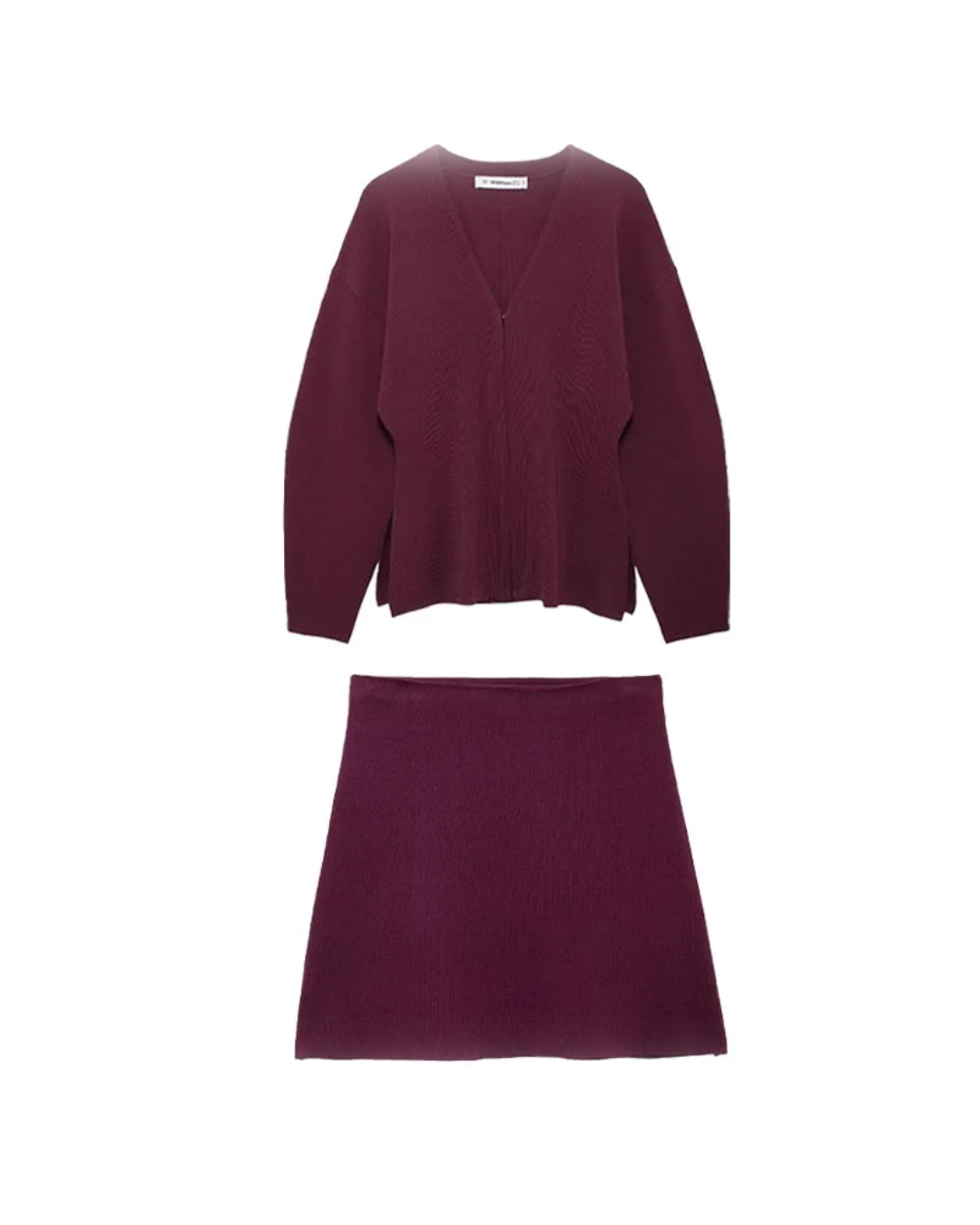 V-Neck Cardigan and High Waist Mini Skirts Wine Red Suit L
