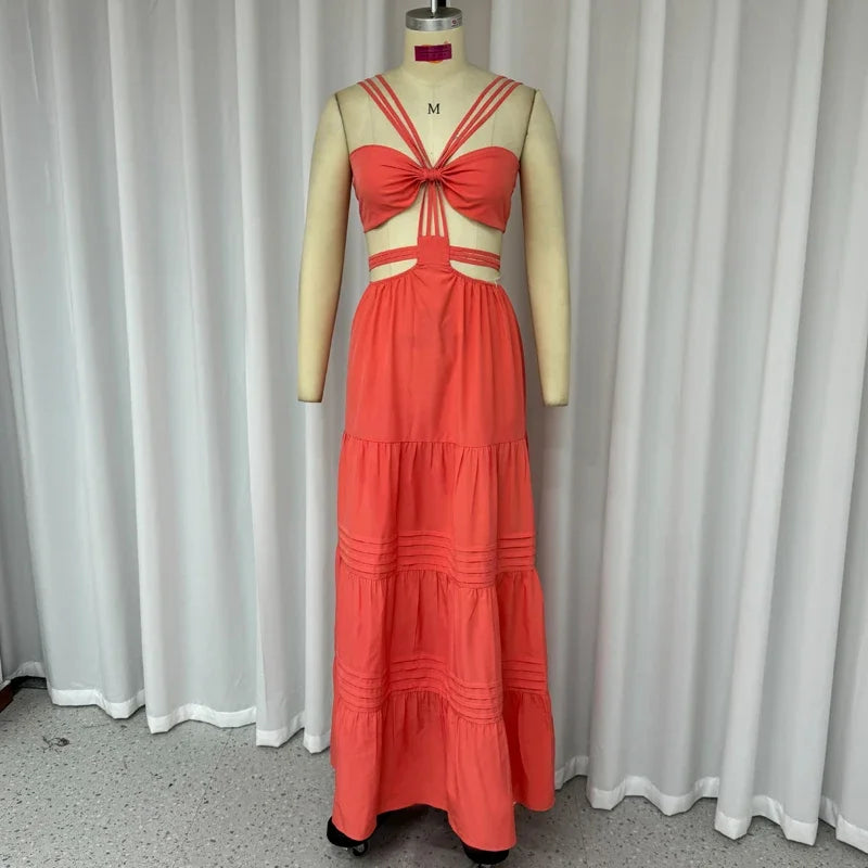Sleeveless Lace-Up Solid Color Pleated Beach Party Dress