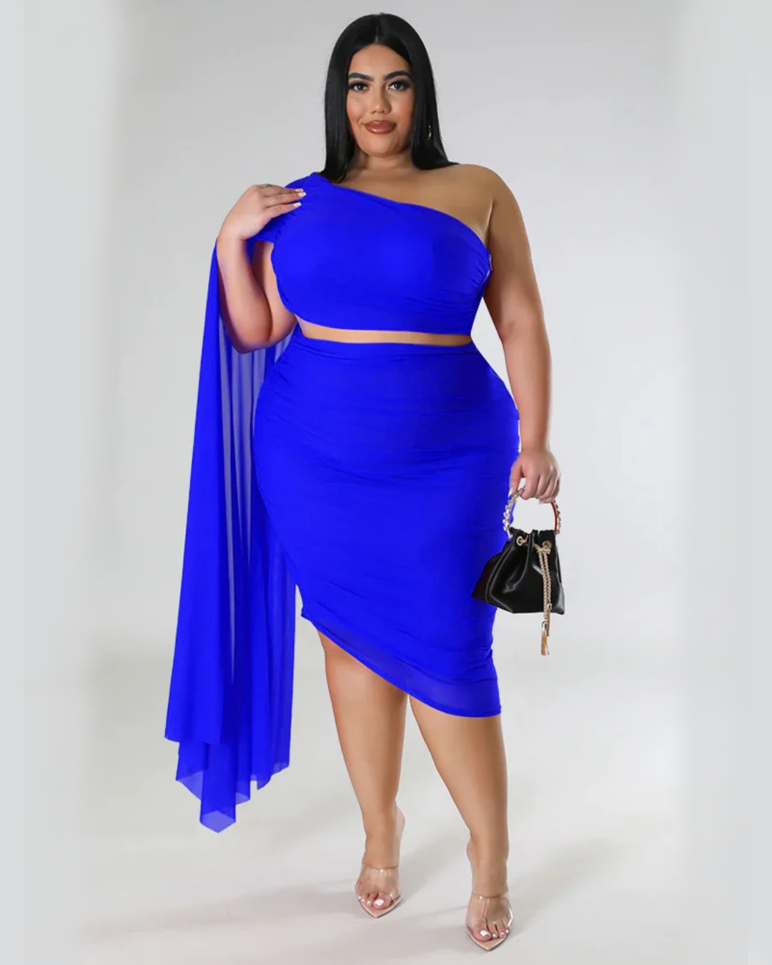 Plus Size Single Sleeve Crop-Top Two Piece Set Blue L