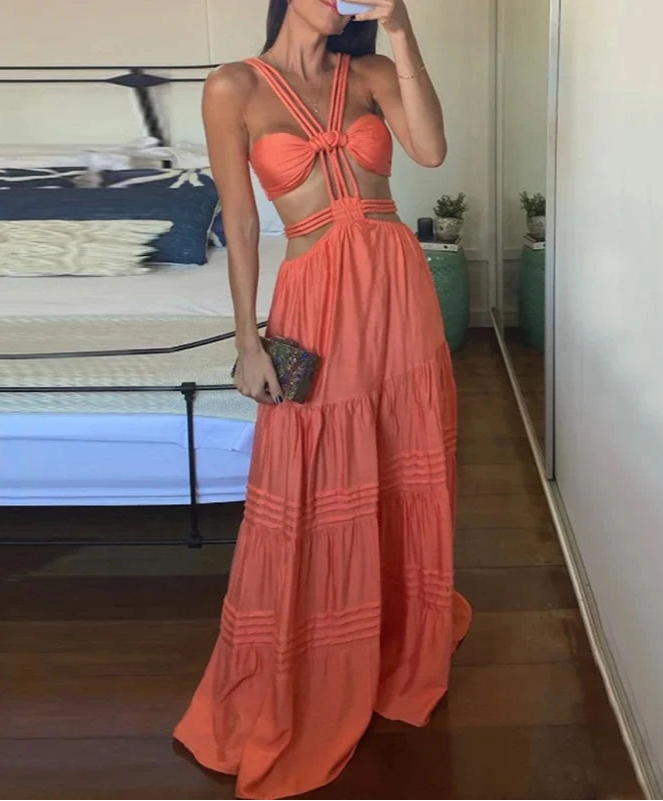 Sleeveless Lace-Up Solid Color Pleated Beach Party Dress picture color XS