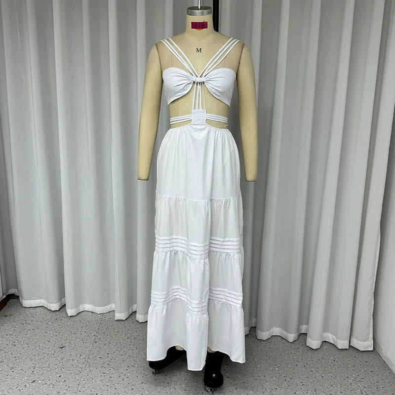 Sleeveless Lace-Up Solid Color Pleated Beach Party Dress