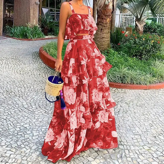 Sexy Spaghetti Strap Backless Two-Piece Outfit Red S