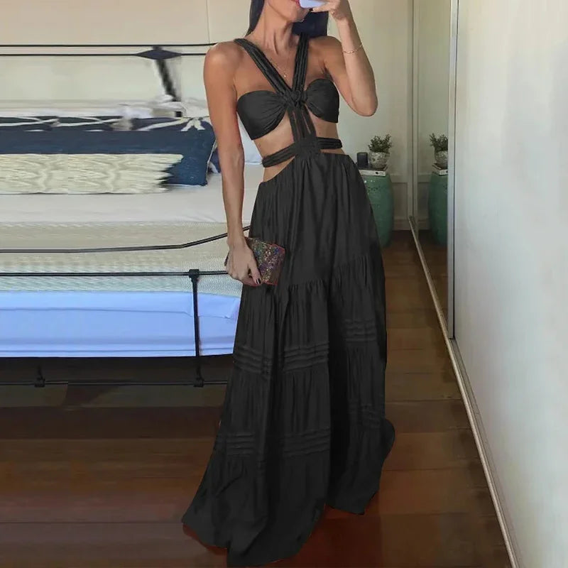 Sleeveless Lace-Up Solid Color Pleated Beach Party Dress