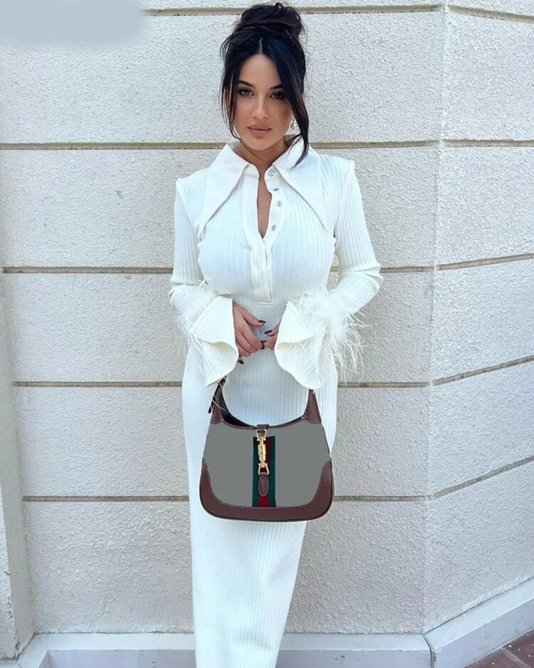 Feather Flare Sleeves Single Breasted Dress