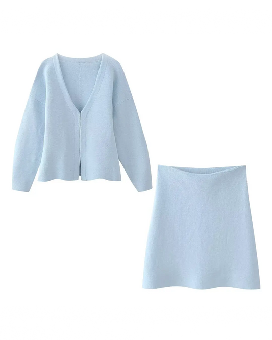 V-Neck Cardigan and High Waist Mini Skirts Light Blue Suit L