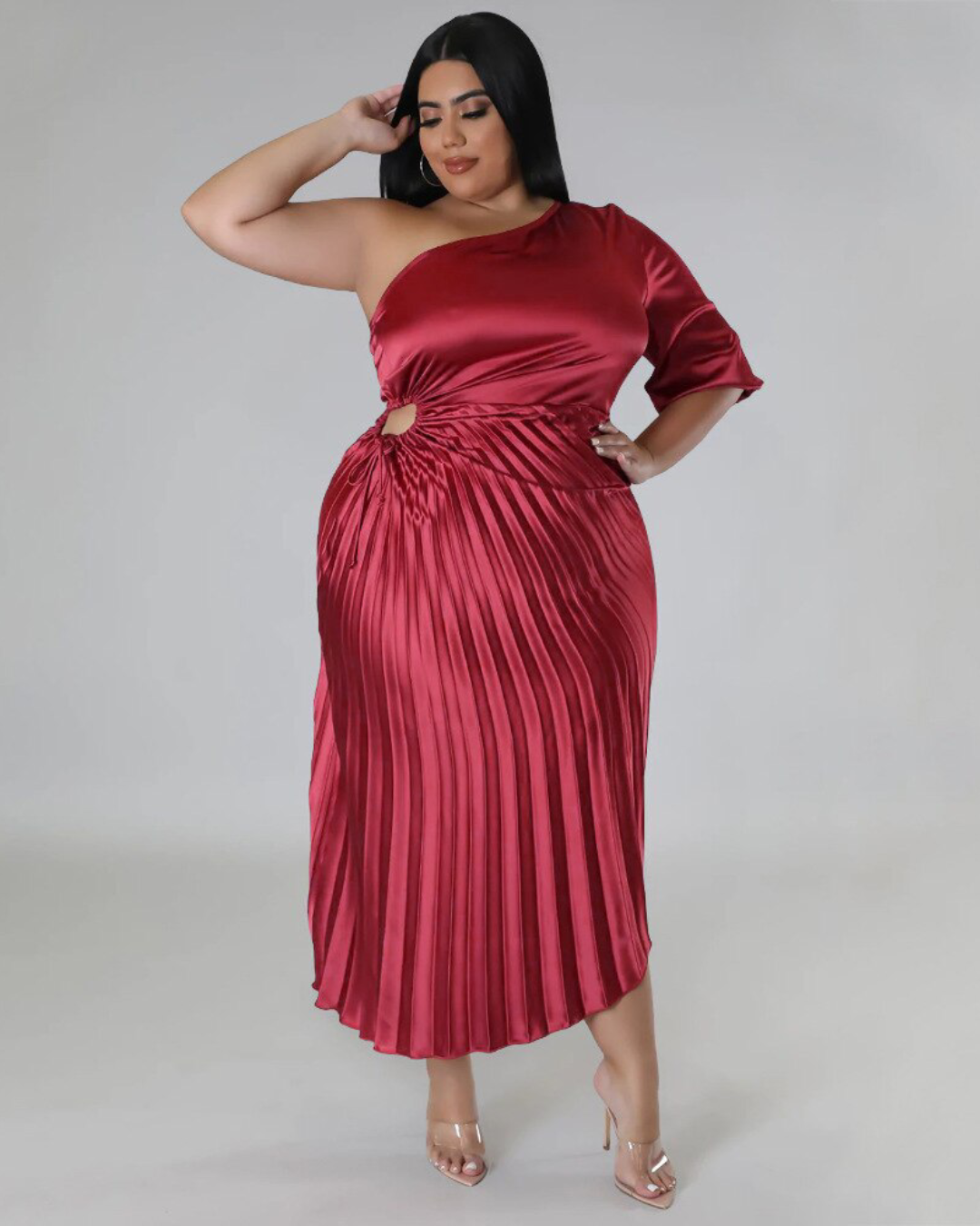 Plus Size Pleated One Shoulder Dress Wine XL