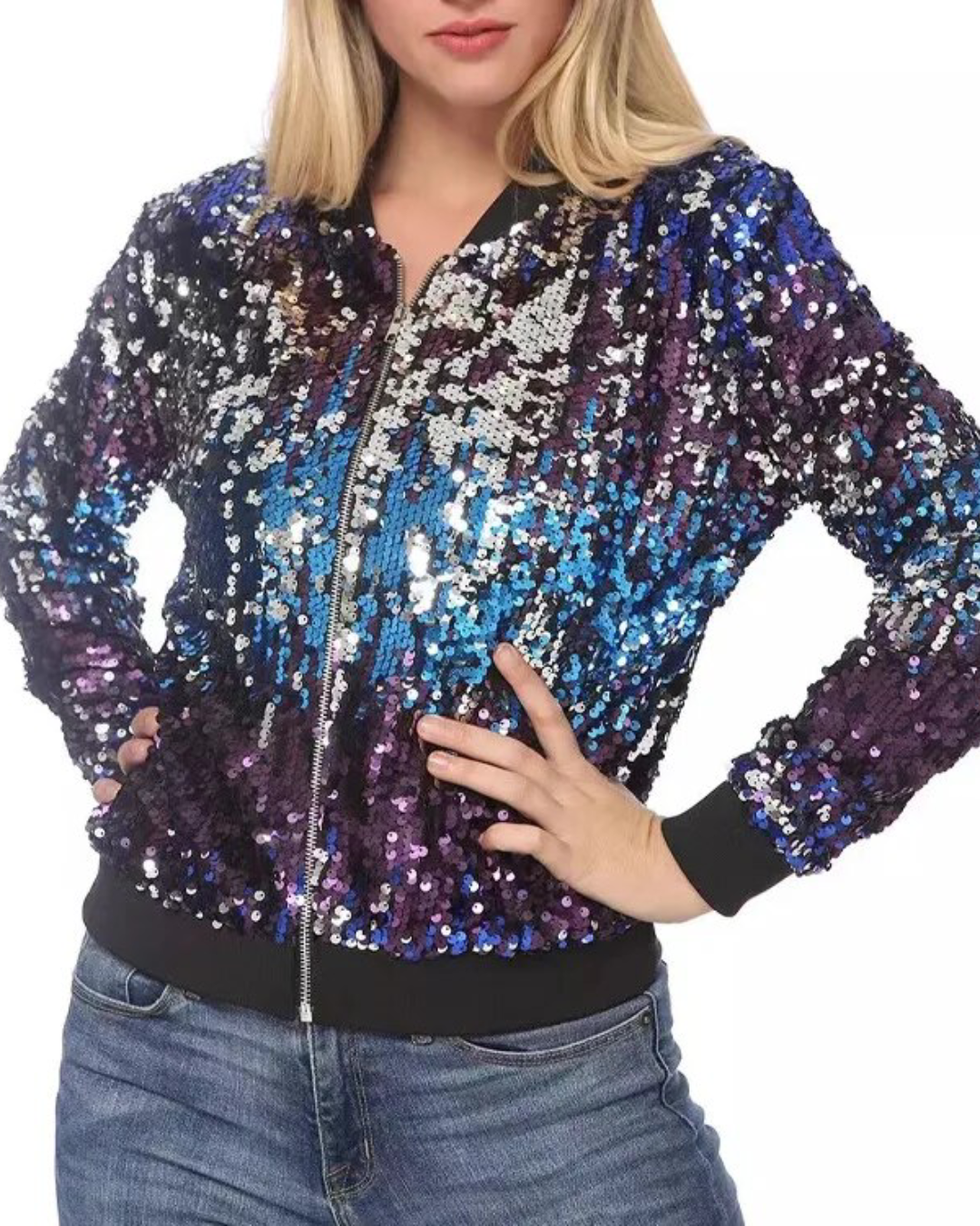 Gradient Color Sequin Zipper Coat Blue S