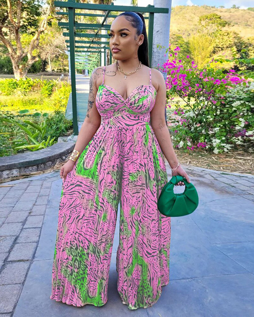 Felyn Spaghetti Strap Print Jumpsuits Pink S