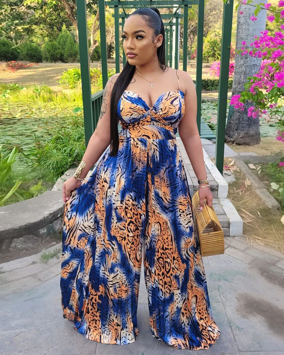 Felyn Spaghetti Strap Print Jumpsuits Deep Blue S