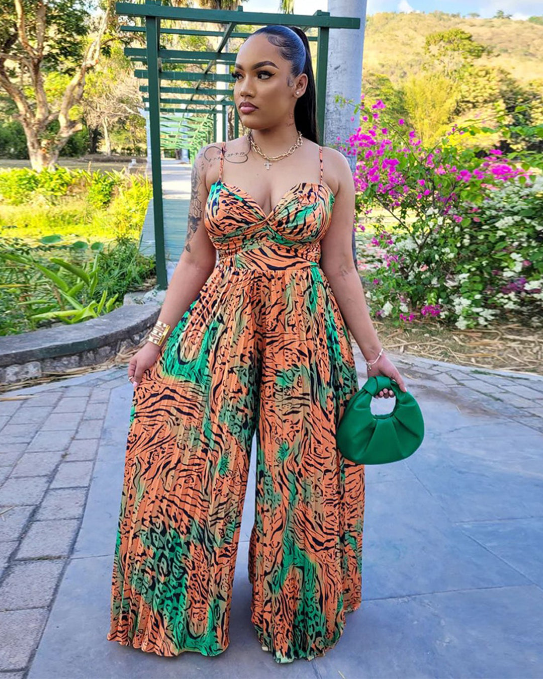 Felyn Spaghetti Strap Print Jumpsuits Orange S