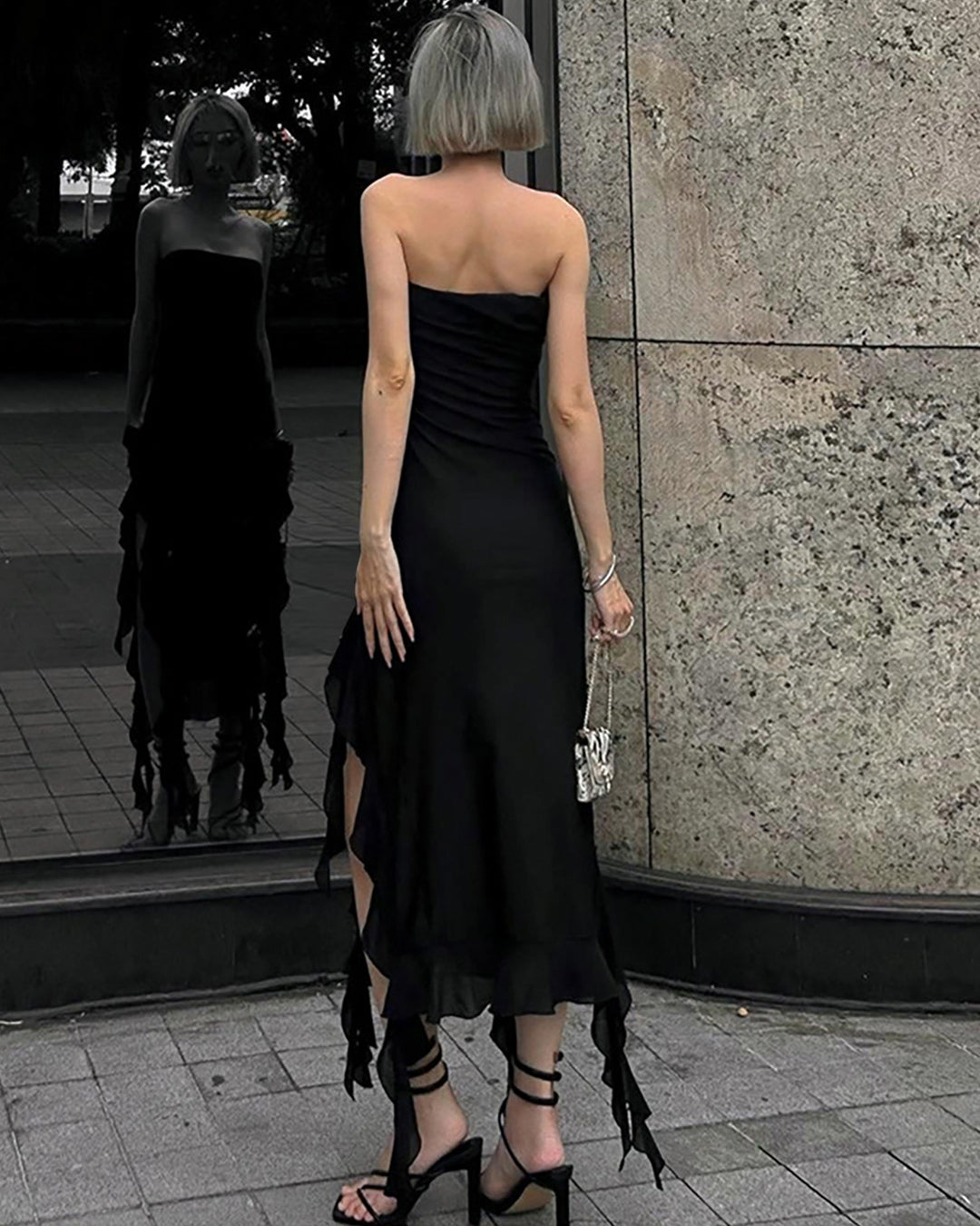 Mesh Patchwork Ruffled Slit Dress
