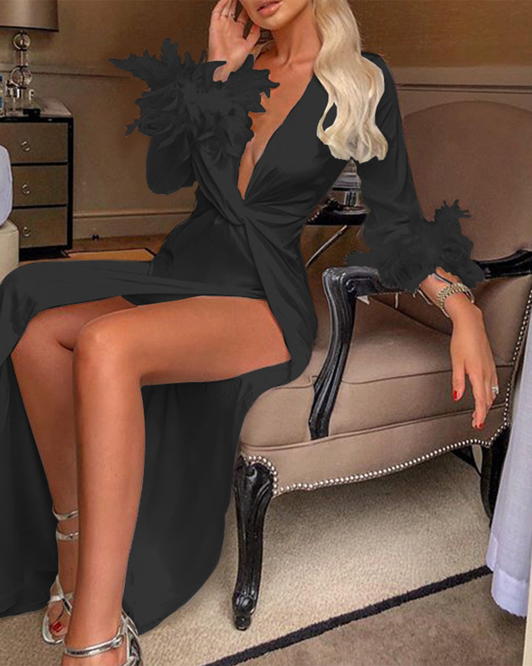 Split V Neck Feather Sleeve High End Dress S Black