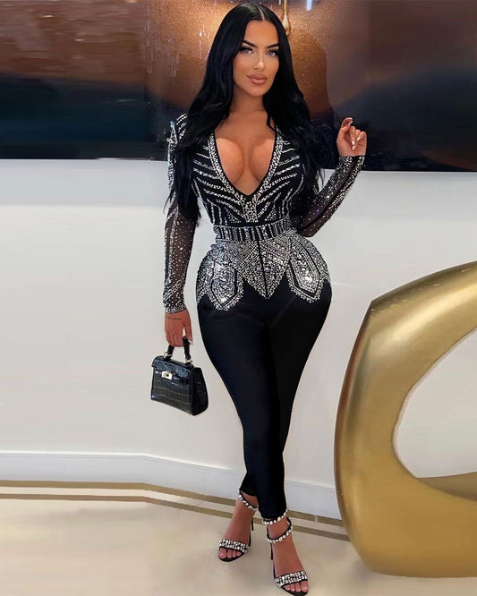 Slim Hip Rhinestone V Neck Stretch Tight Jumpsuit S Black