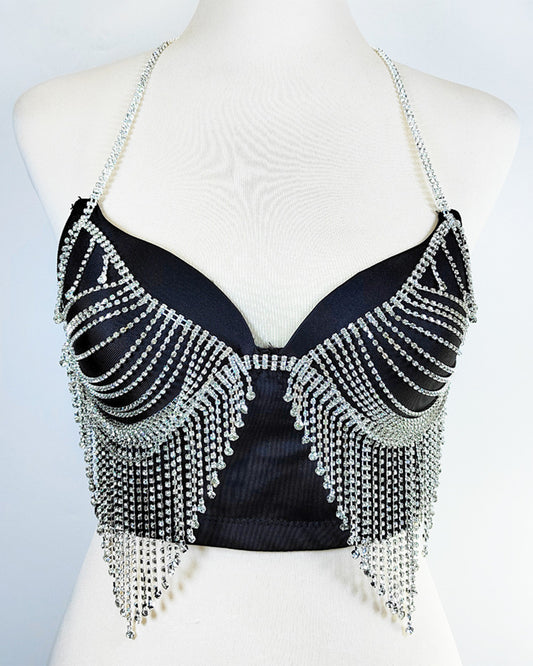 Rhinestone Chain Bare Back Tassel Bra with Chest Pad M-34/75B Black