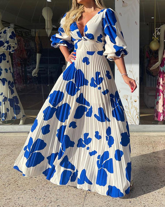 V Neck Half Sleeves Printed Dress S Blue