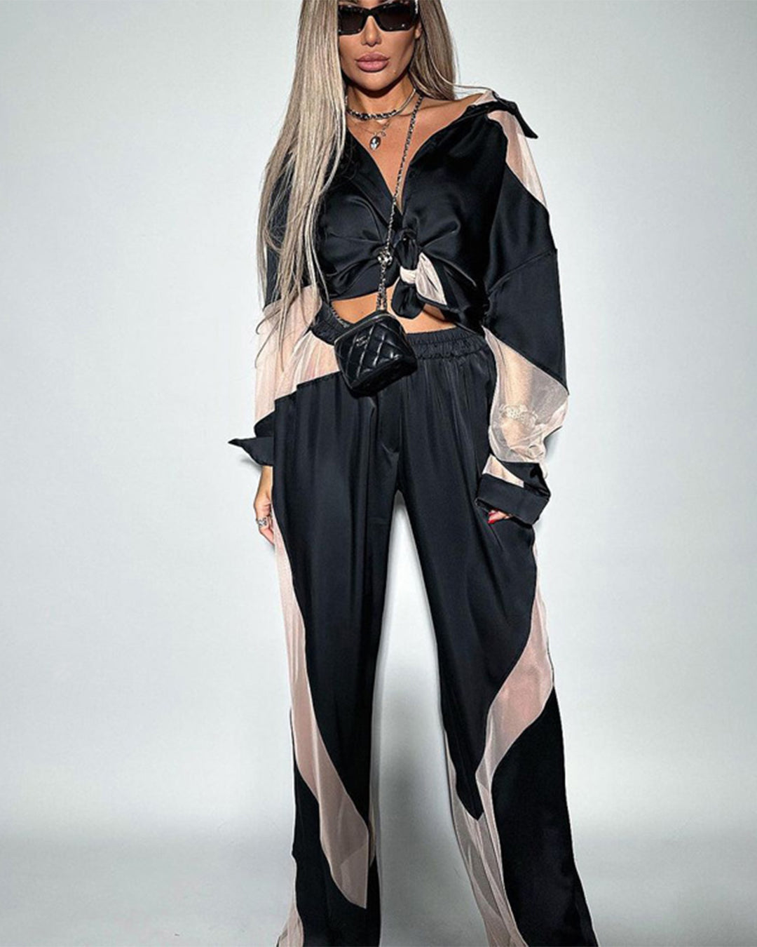 See Through Shirt & High Waist Trousers Set S Black