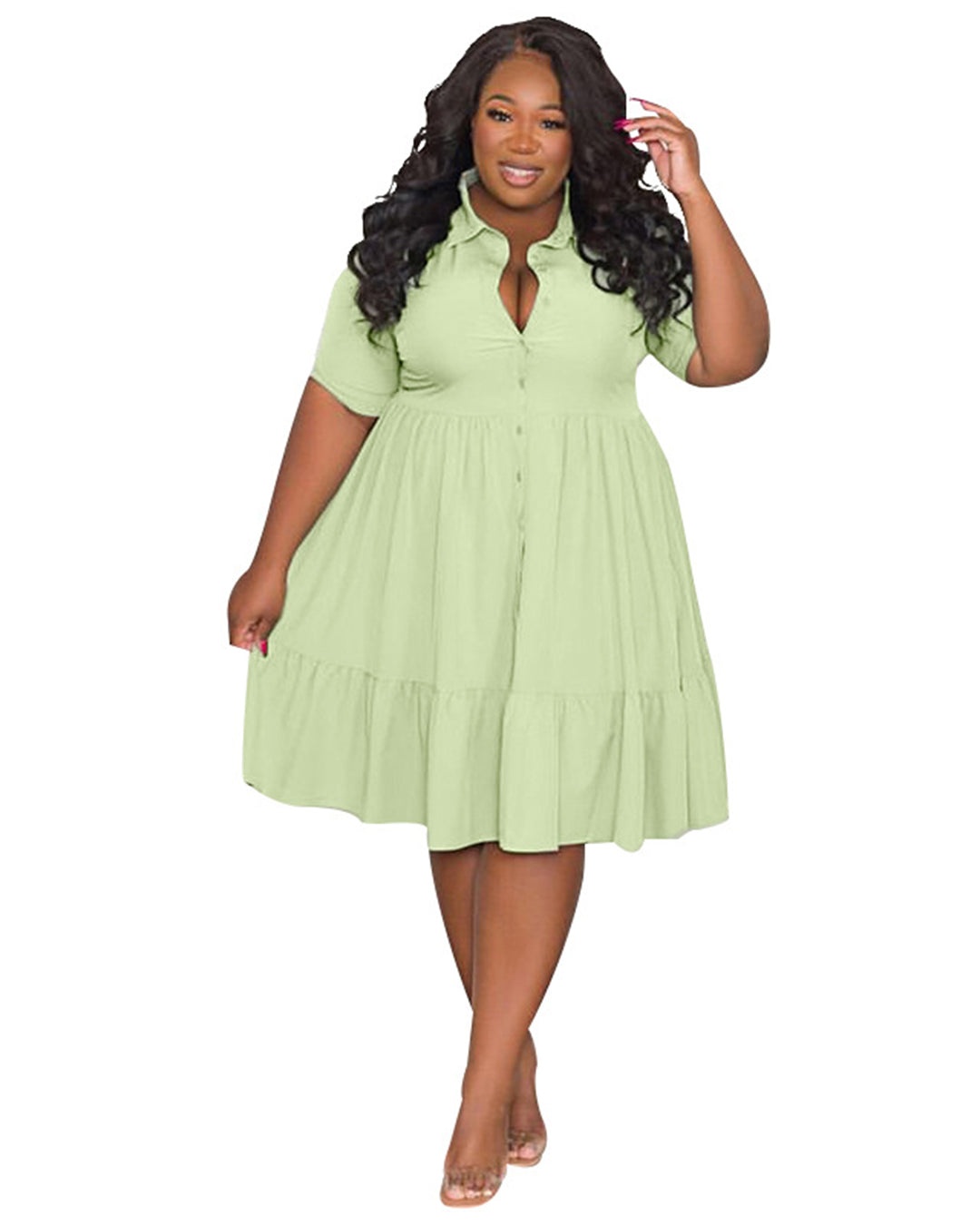 Plus Size Polo Collar Short Sleeved Shirt Dress XL Light Green