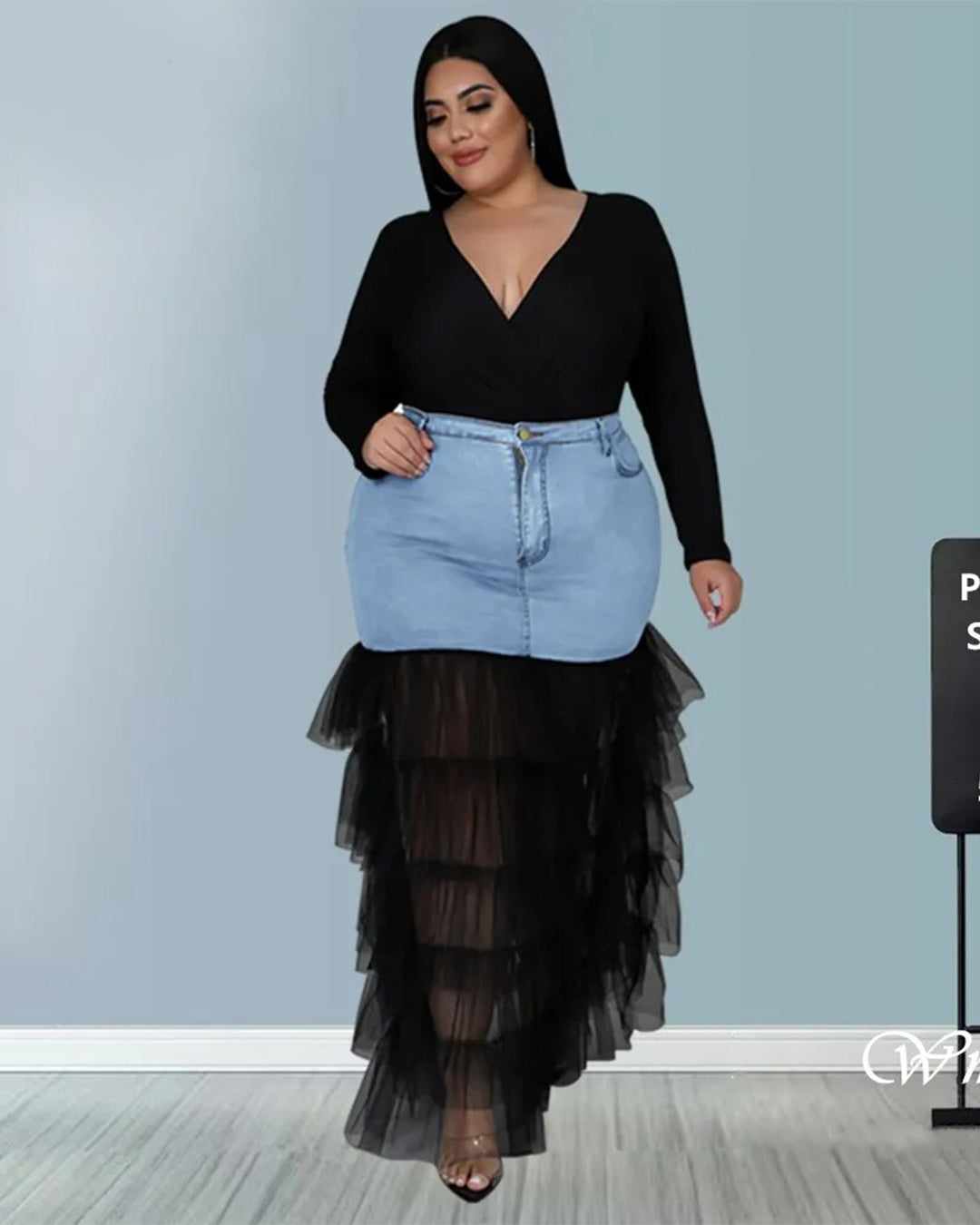 Plus Size Mesh Patchwork Denim Skirt Sky Blue XL