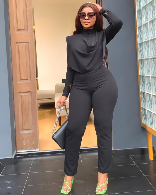 Cardigan Round Neck Top & Slim Trousers Set