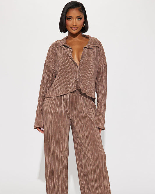 Long Sleeve Pleated Top & Casual Trousers Set S Brown