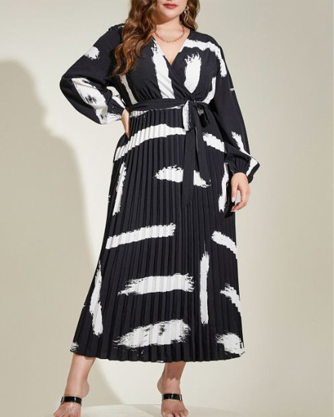 V Neck Pleated Women Dress 0XL Multi