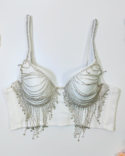 Rhinestone Chain Bare Back Tassel Bra with Chest Pad M-34/75B White