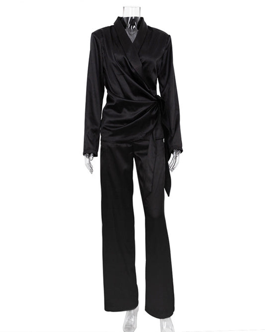 Ice Silk Padded Shoulder Shirt & Trousers Set
