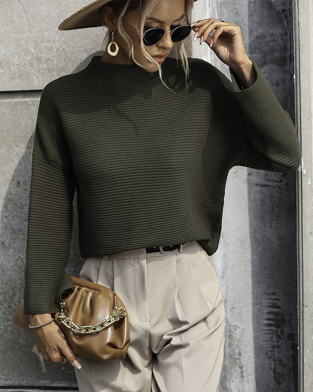 Pullover Loose Fitting Solid Color Sweater S Blackish Green