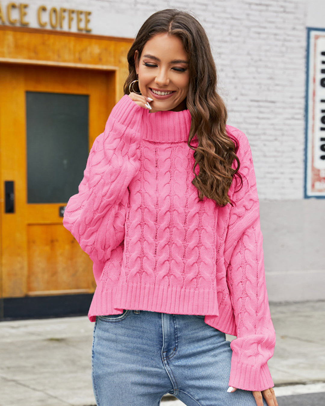 Thick Hemp Floral Turtleneck Sweater S Pink Turtleneck Sweater