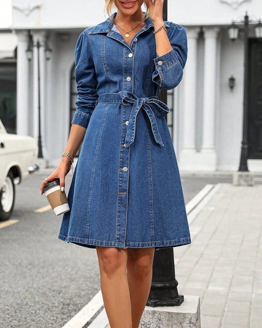 Retro Waist Long Sleeve Denim Dress XS Smalt