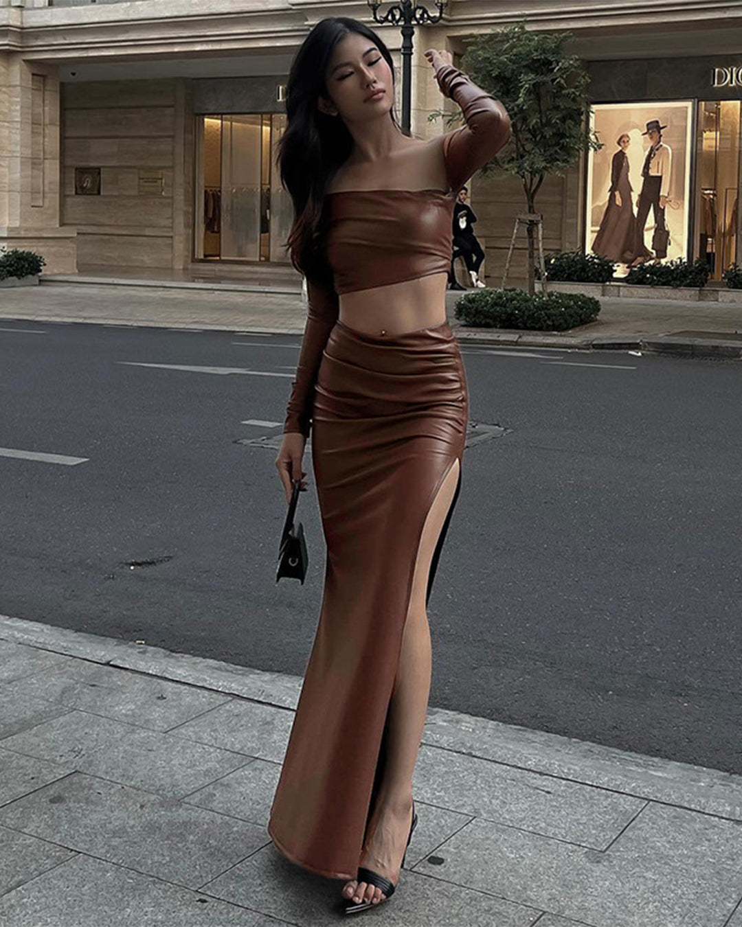 Faux Leather Top & Split Skirt Set