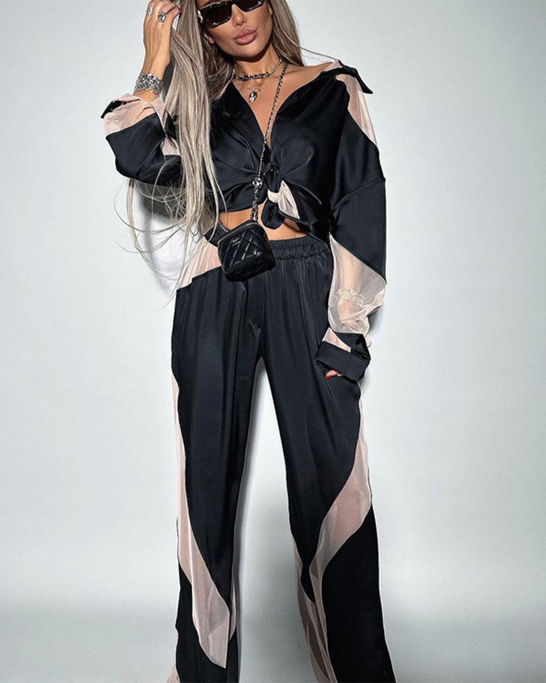 See Through Shirt & High Waist Trousers Set