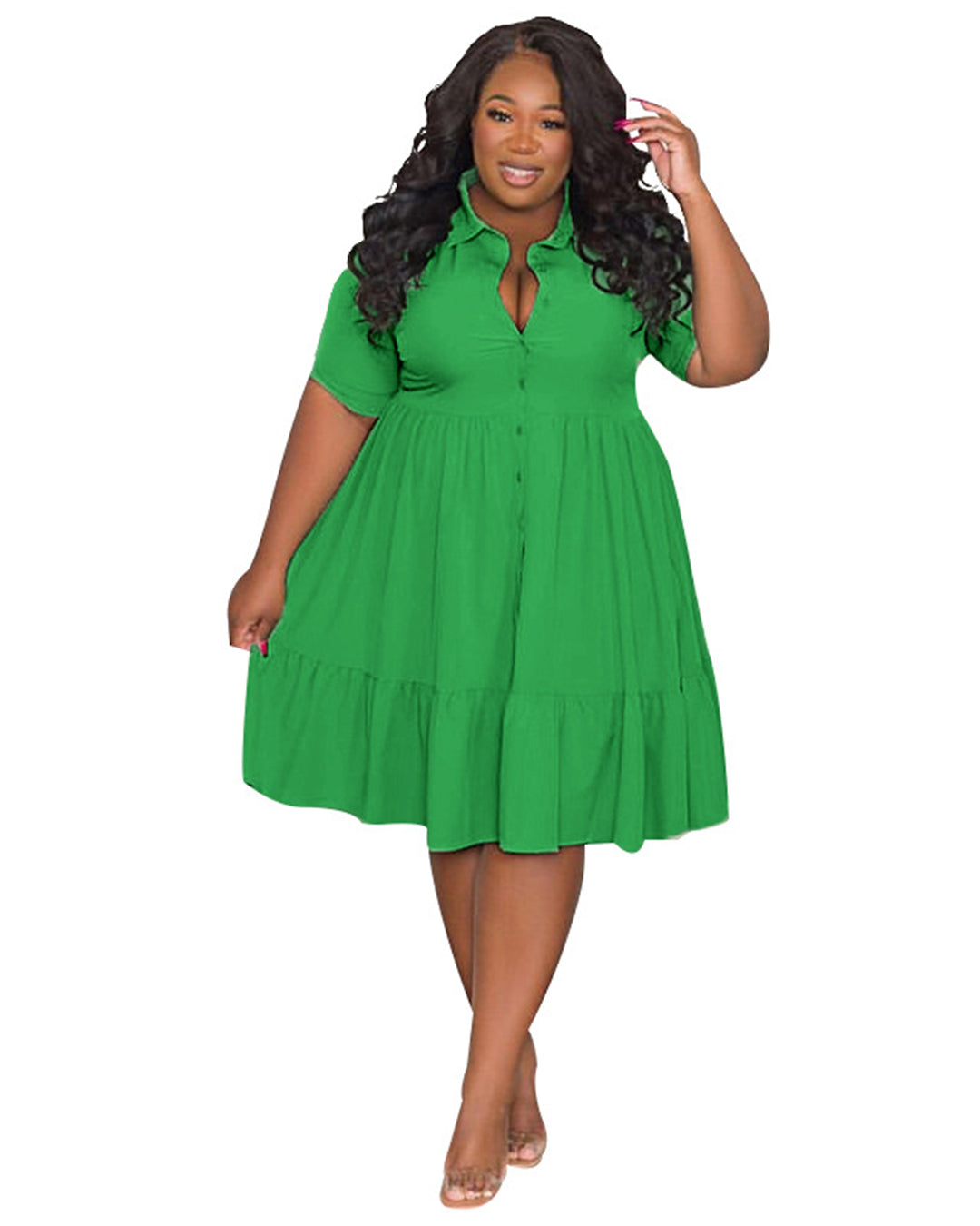 Plus Size Polo Collar Short Sleeved Shirt Dress XL Green