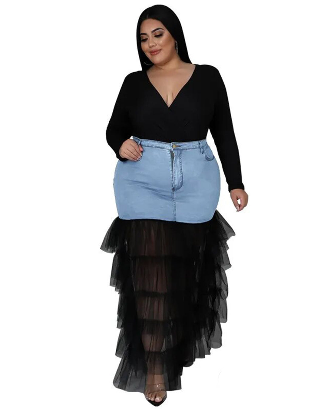 Plus Size Mesh Patchwork Denim Skirt