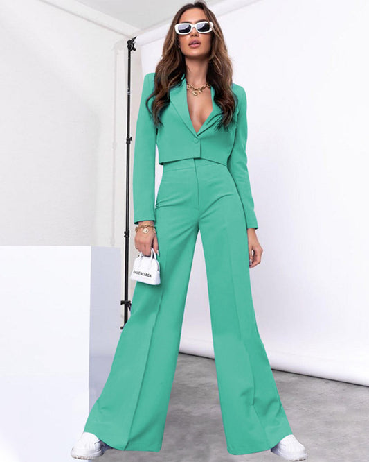 Long Sleeve Top & Wide Leg Pants Set S Blue