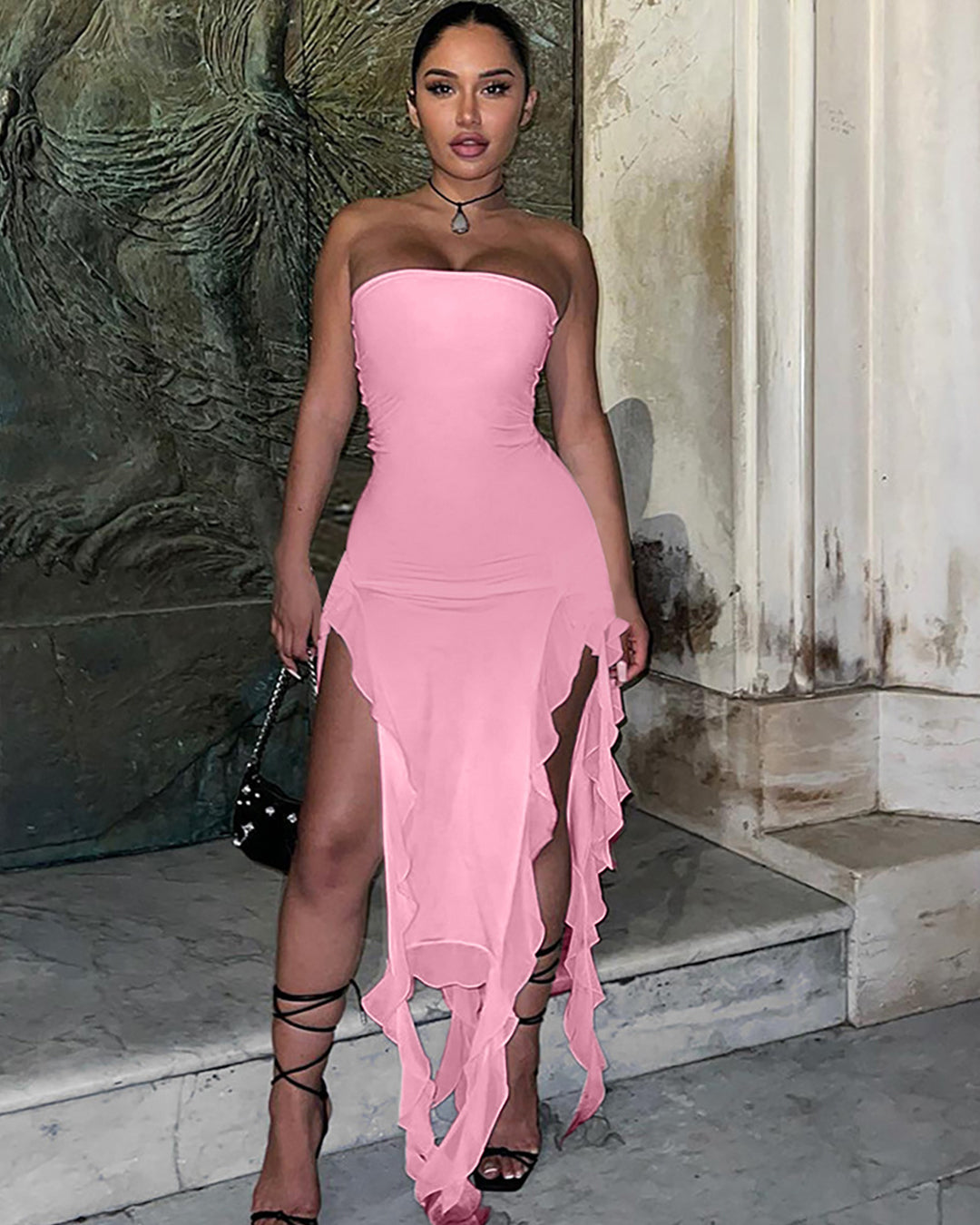 Mesh Patchwork Ruffled Slit Dress S Coral Red