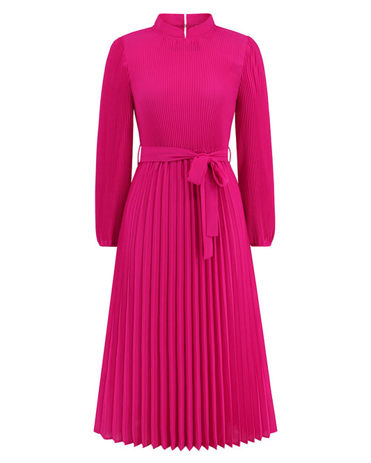 Stand Collar Puff Sleeve Pleated Slim Dress M Pink