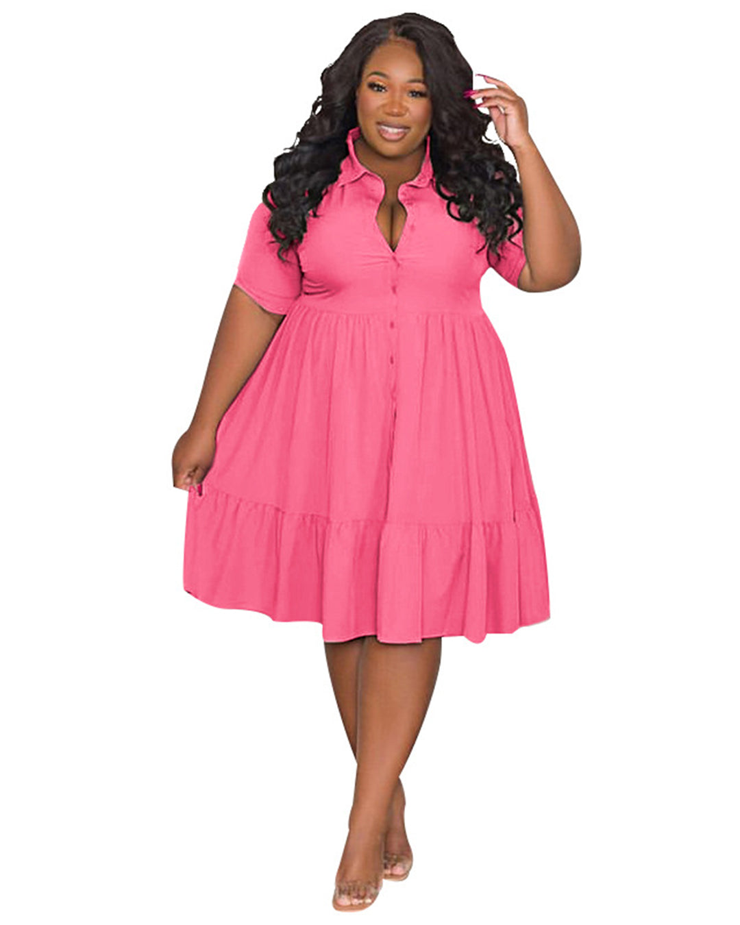 Plus Size Polo Collar Short Sleeved Shirt Dress XL Coral Red