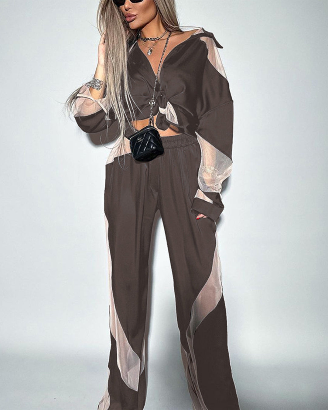 See Through Shirt & High Waist Trousers Set S Brown