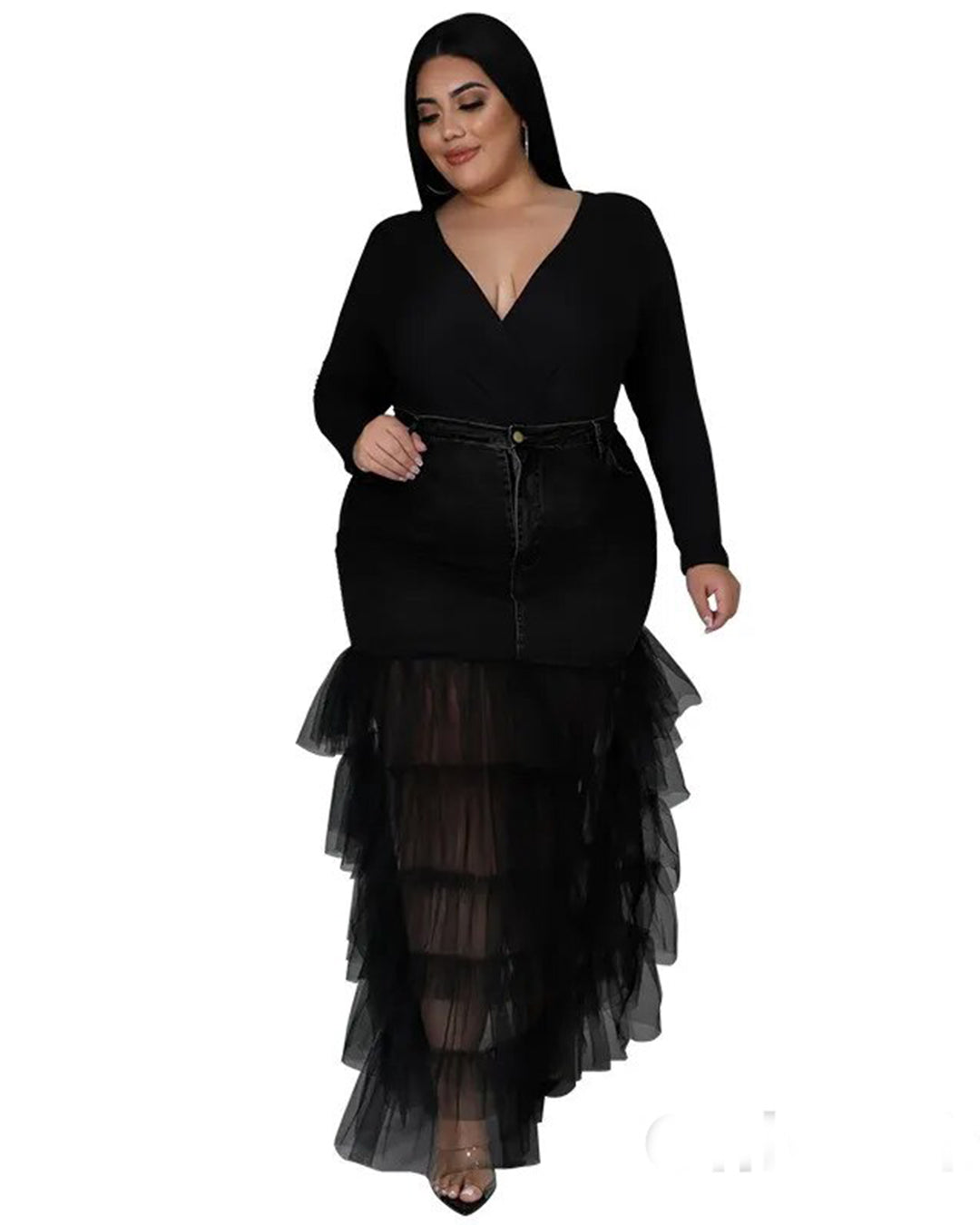 Plus Size Mesh Patchwork Denim Skirt Black XL