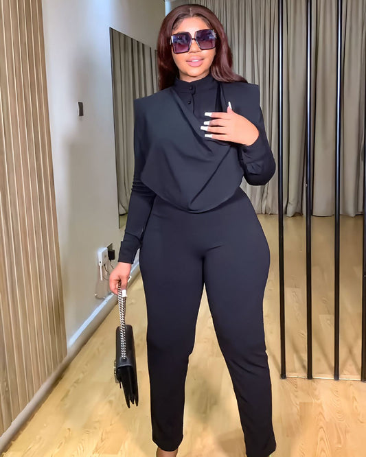 Cardigan Round Neck Top & Slim Trousers Set S Black