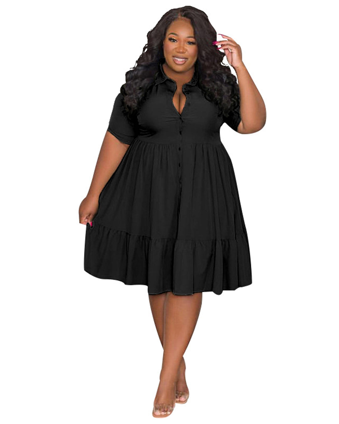 Plus Size Polo Collar Short Sleeved Shirt Dress XL Black