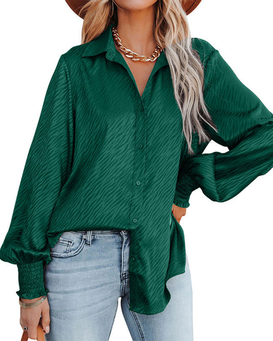 Zebra Pattern Collared Breasted Loose Top S Green