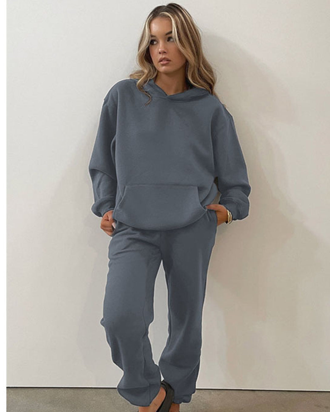 Round Neck Sweater & Skinny Trousers Set S Dark Gray