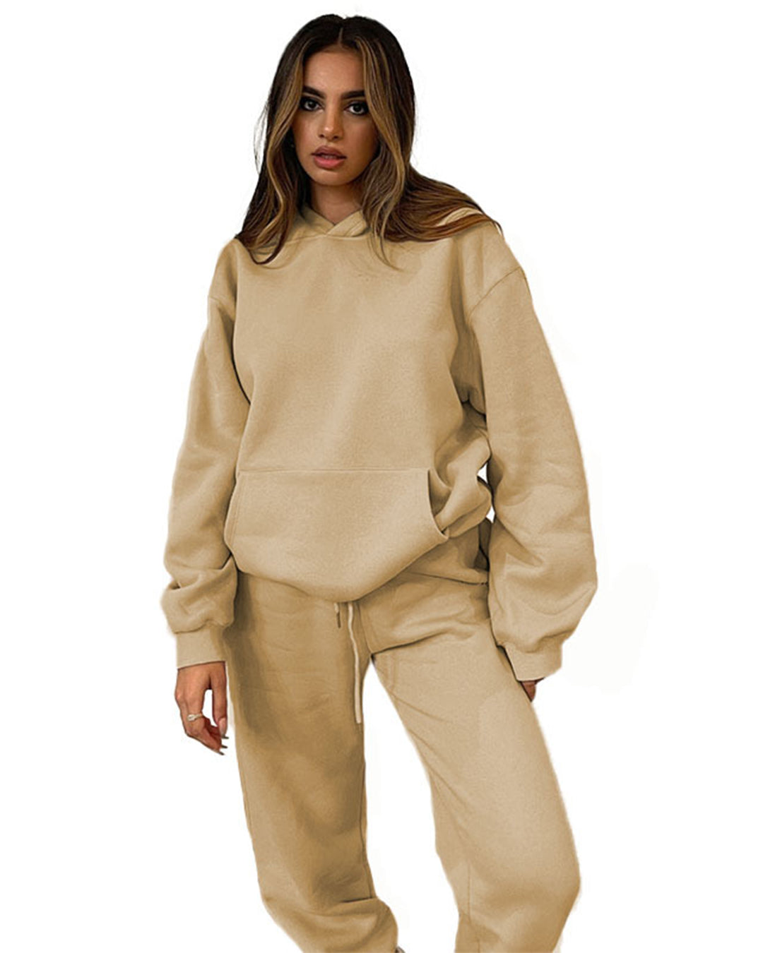 Round Neck Sweater & Skinny Trousers Set S Apricot