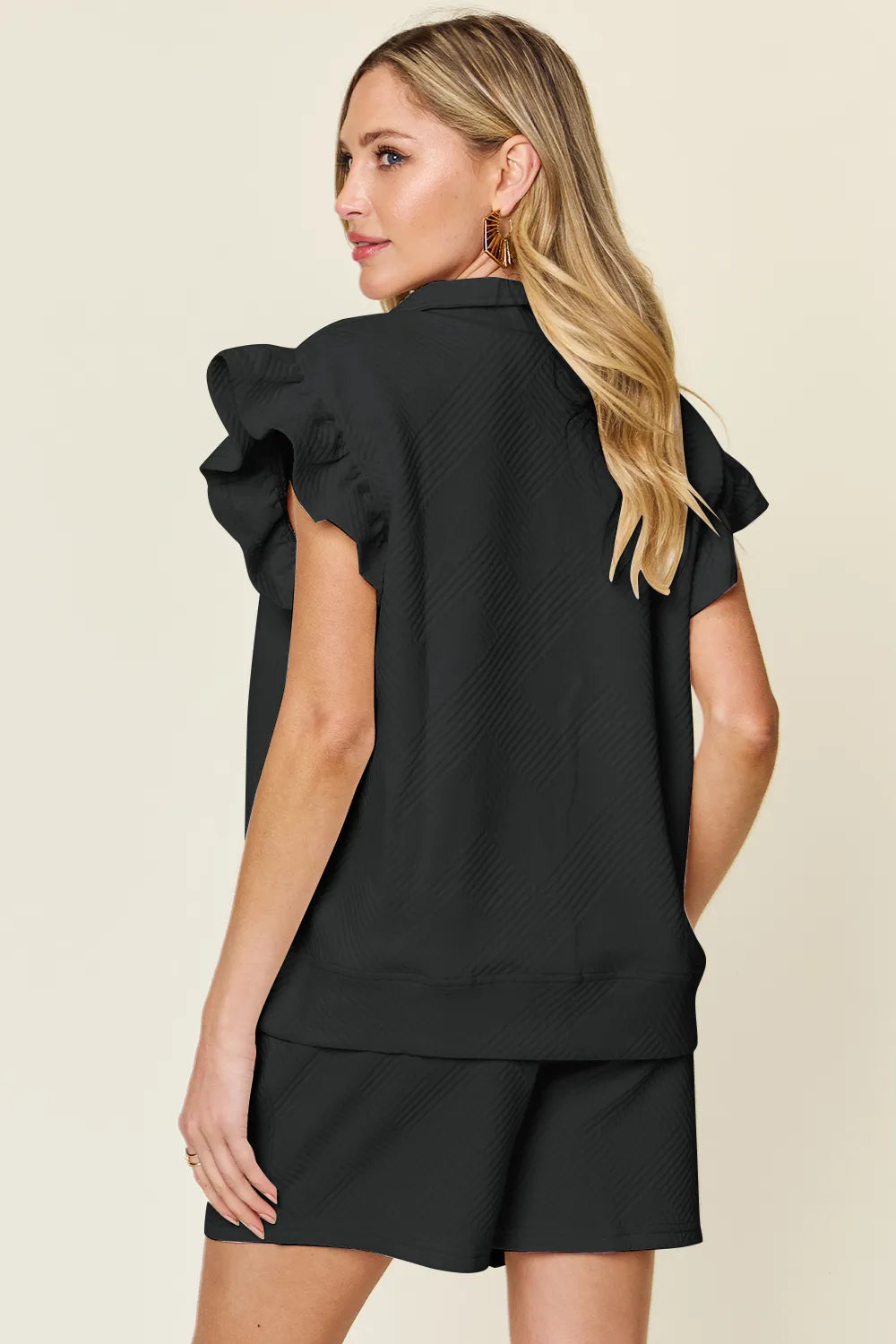 Texture Flounce Sleeve Top and Drawstring Shorts