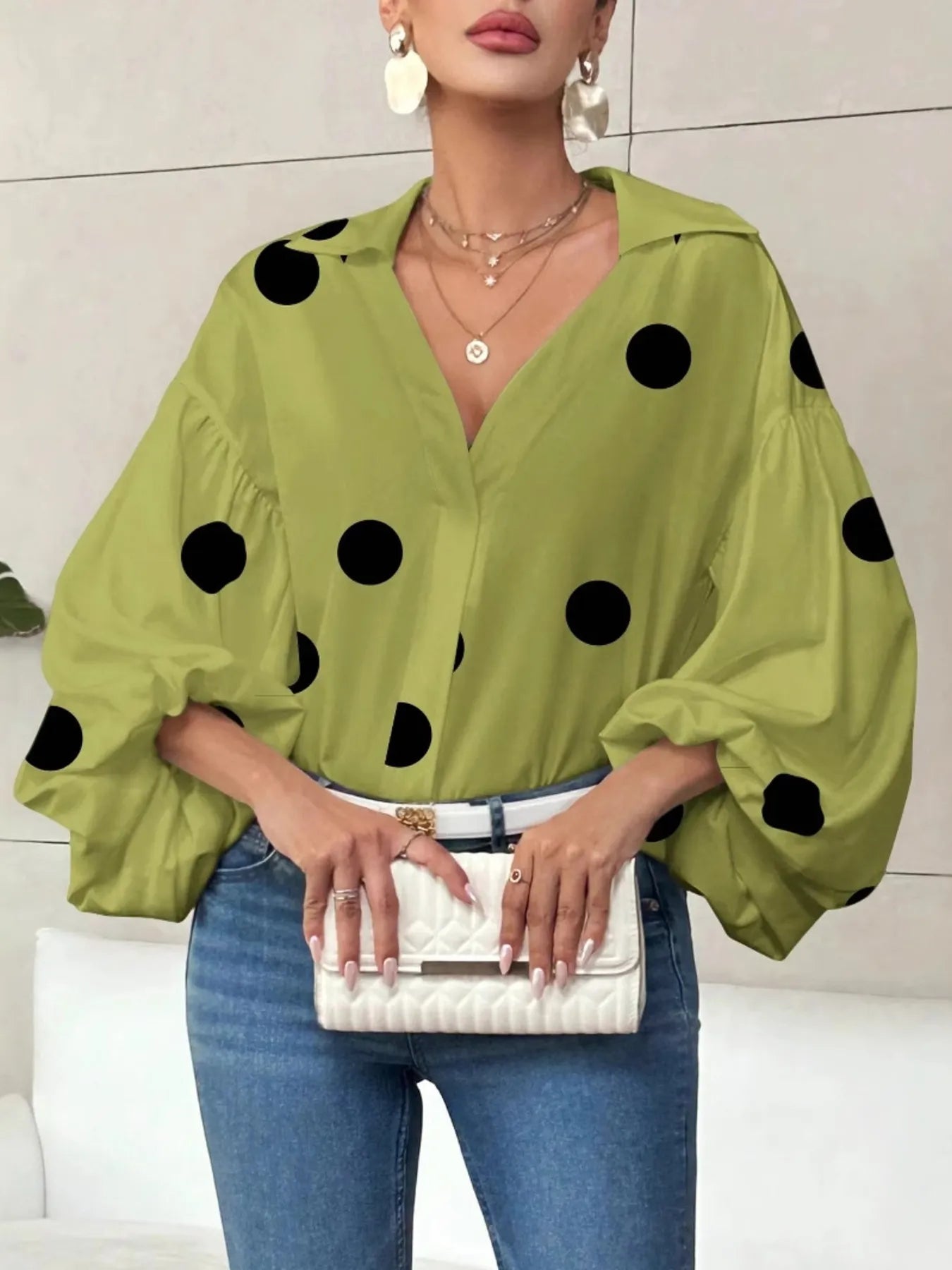 Polka Dot Balloon Sleeve Blouse Matcha Green Polka Dots S
